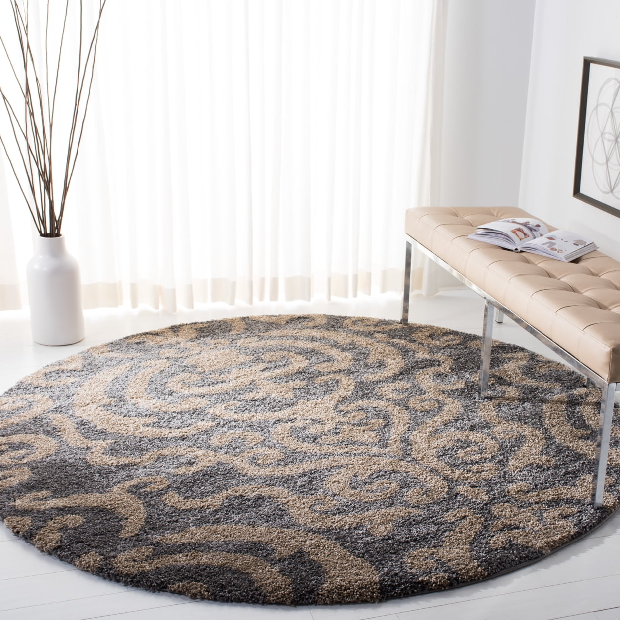 SAFAVIEH Florida Deangelo Damask Plush Shag Area Rug, Grey/Beige, 4' x 6'