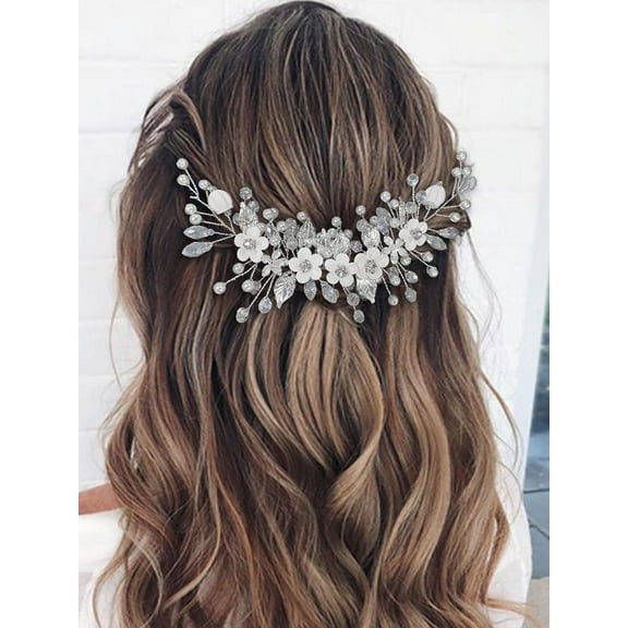 Flower Bride Wedding Hair Vine Silver Leaf Bridal Headpieces Pearl Crystal Hair Accessories for Women and Girls (8 inch)