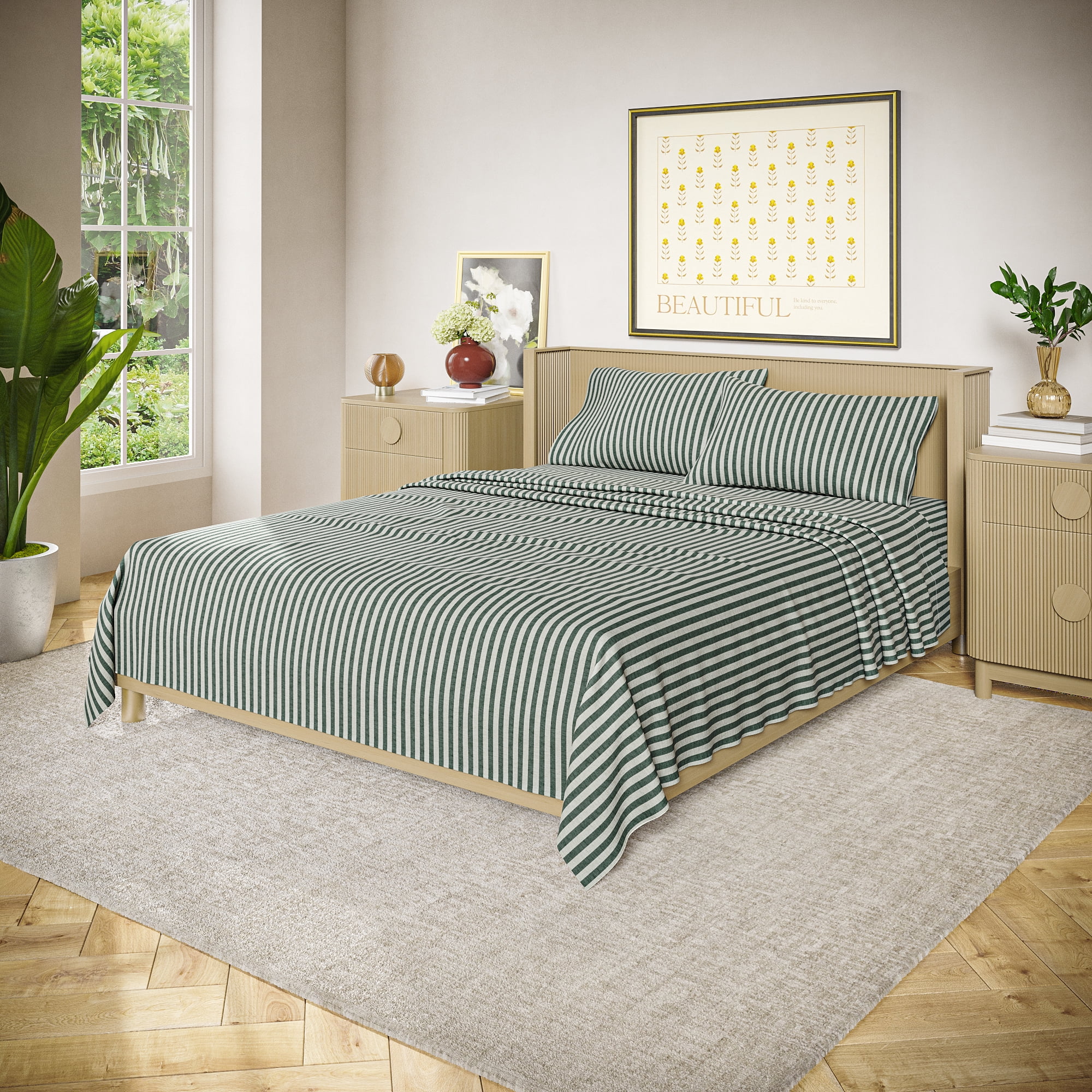 Beautiful Striped 4-Piece 100% Cotton Percale Sage Green Sheet Set, Full by Drew Barrymore