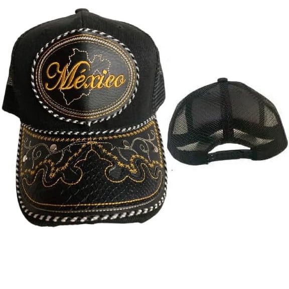 Gorra de Mexico Hat, Adjustable Unisex, Charro Style, Polyester/Acrylic, Embroidered Snake Skin Design in Black