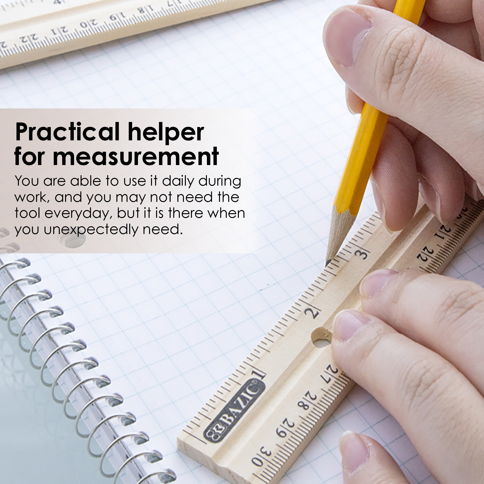 BAZIC Wooden Ruler 12" (30cm), Singel Metal Edge, School Supplies, 24-Pack