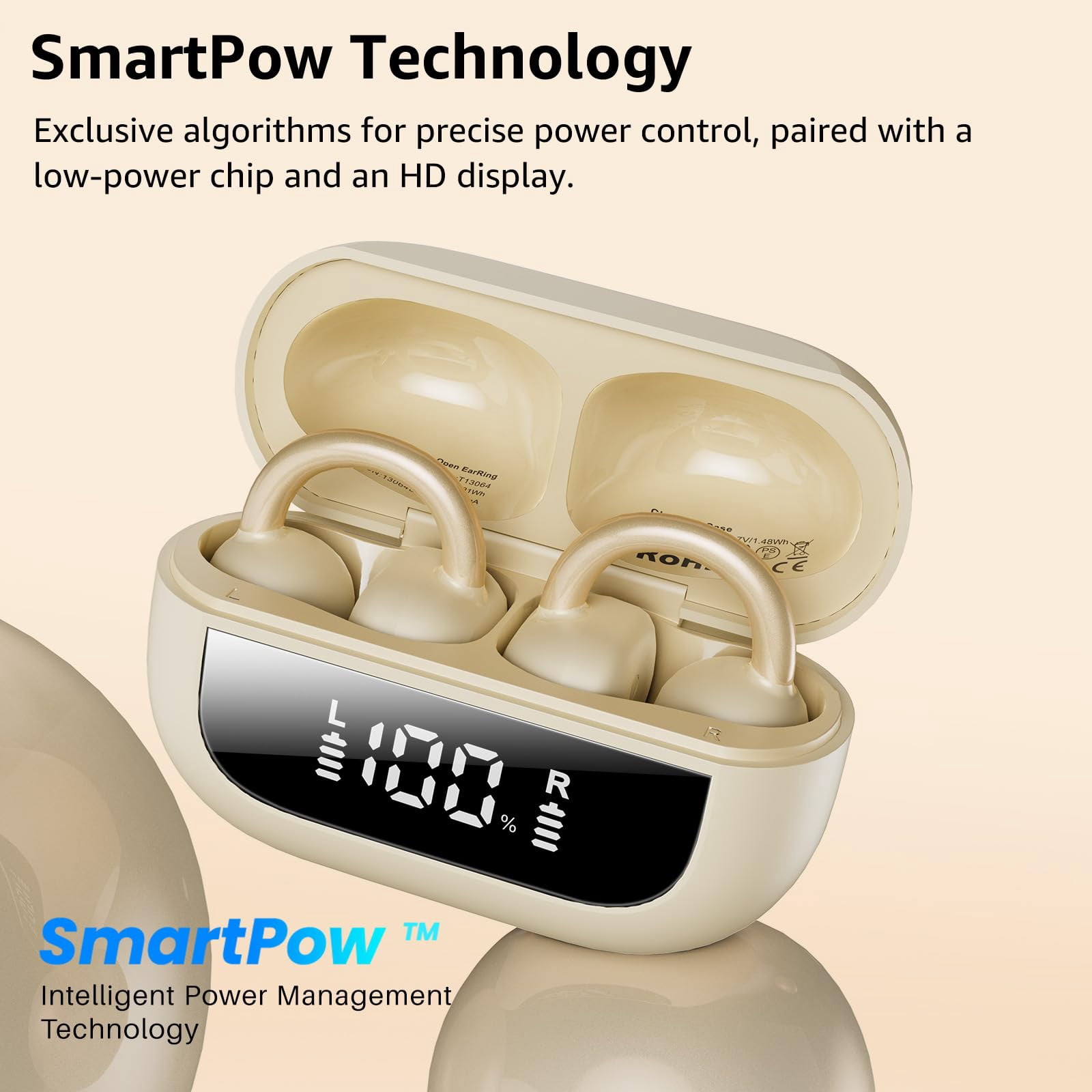 TOZO OpenEarRing True Open Ear Earbuds, Lightweight Comfort Open Ear Clip Wireless Earbuds, 40H Play Bluetooth 5.4 Headphones with Smart Digital Display Design Fit Sports Running, Workout