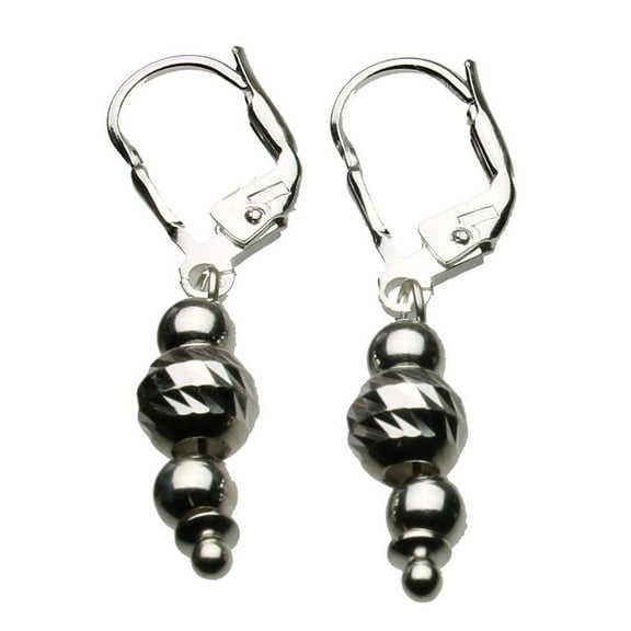 Sterling Silver Leverback Earrings Diamond-Cut Moon Beads