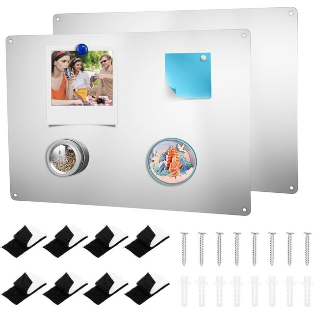 2 Pack Stainless Steel Magnetic Board, 17.1" x 11.8" Magnet Bulletin Board for Wall, Refrigerator, Cabinet, Display Magnetic Letters, Notes, Photos, Spice Jars