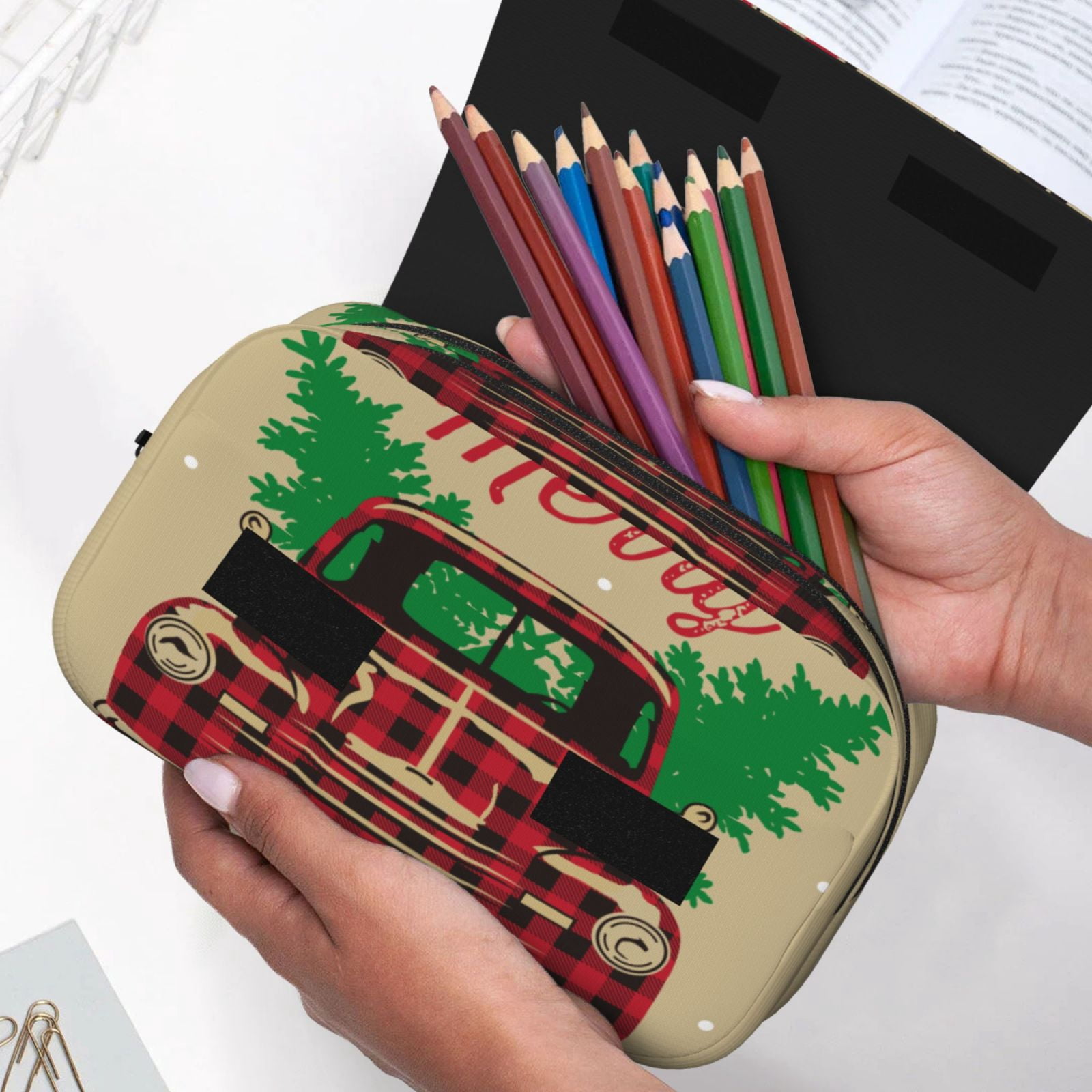 Rateoe Christmas Vintage Red Truck Pattern Double Clamshell Pen Case, Storage Organizer with Two Zipper Compartments– Holds Up to 50 Pencils & Pens