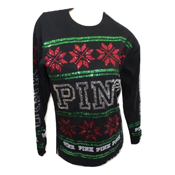 Victoria's Secret Pink Bling Campus Tee Holiday Black Fair Isle XSmall Nwt