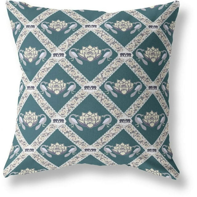 Lotus Paon Rose Intérieur/extérieur Tissu Oreiller avec Zip -Vert Jaune Gris 18"