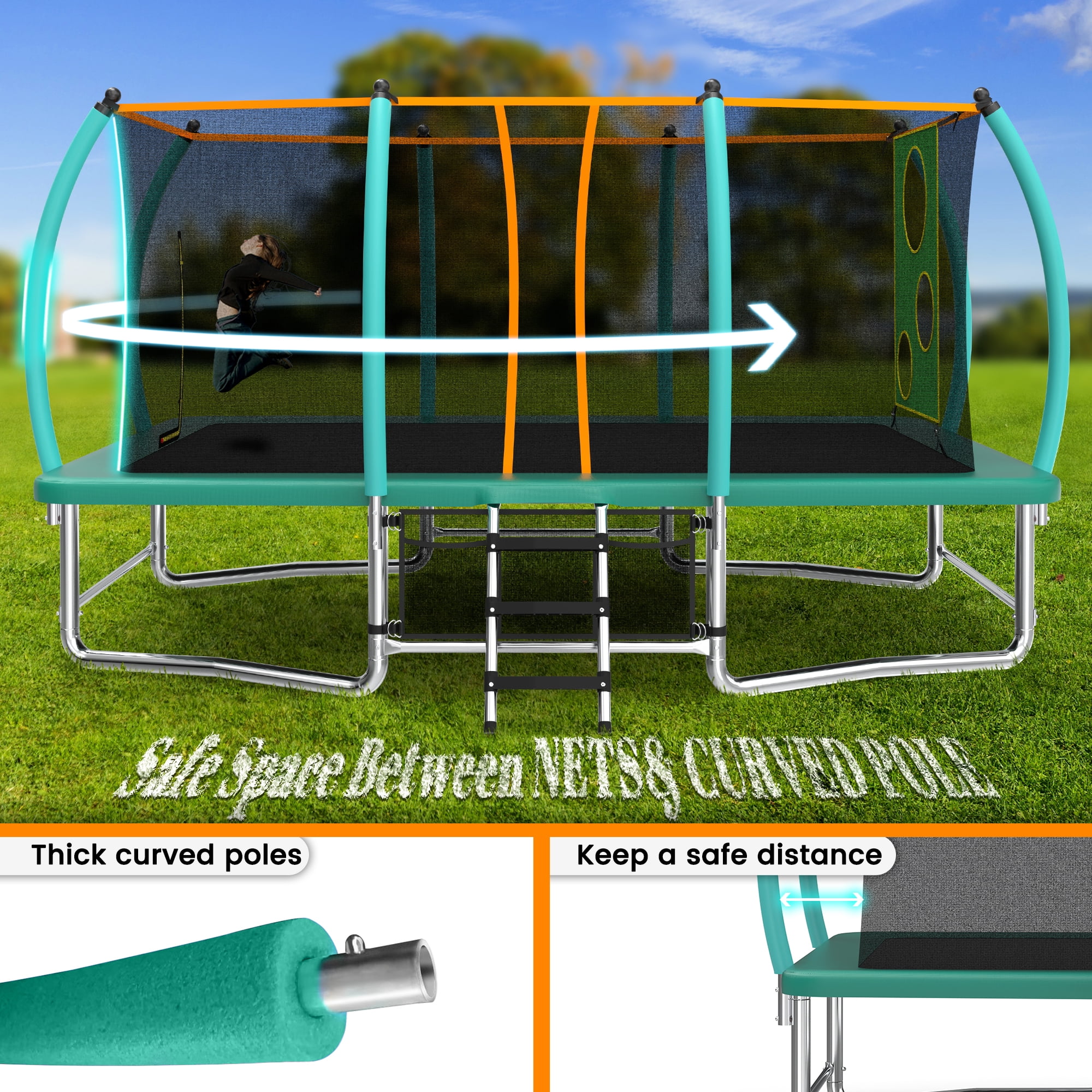 Witaxima 8X14FT Outdoor Square Trampoline for Kids & Adults, Heavy-Duty Rectangular Jumping Mat with Safety Enclosure Net, 440LBS Weight Capacity, Green