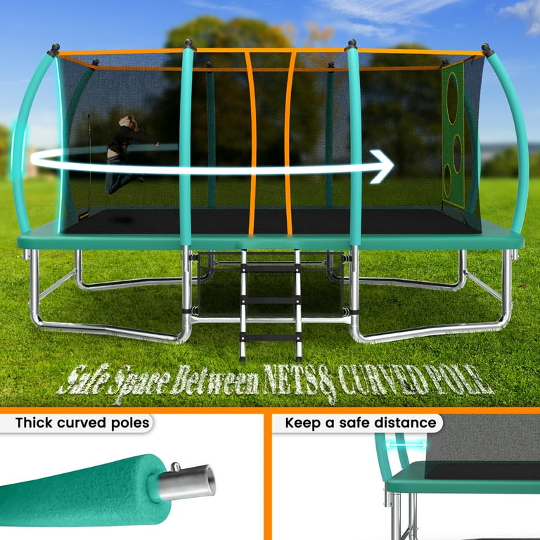 8X14FT Outdoor Square Trampoline with Safety Enclosure Net Green