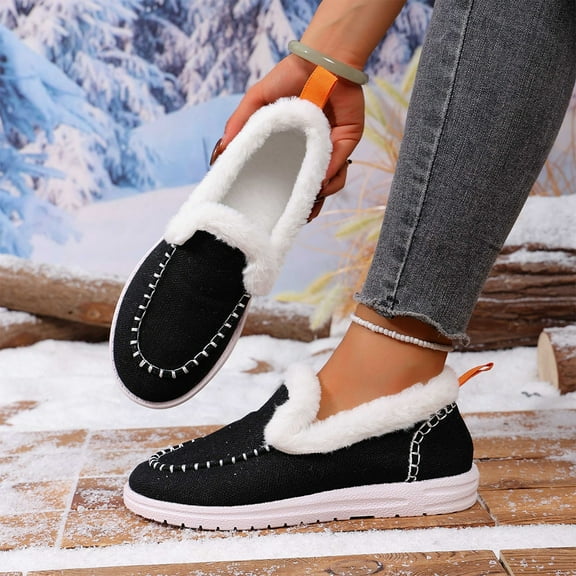 Family Gifts Womens Loafers Shoes Fashion Low Heel Slip on Shoes Women's Fashion Casual Winter Thick-Soled Plus Velvet Thickened Warm Shoes Casual Flat Shoes Black 39