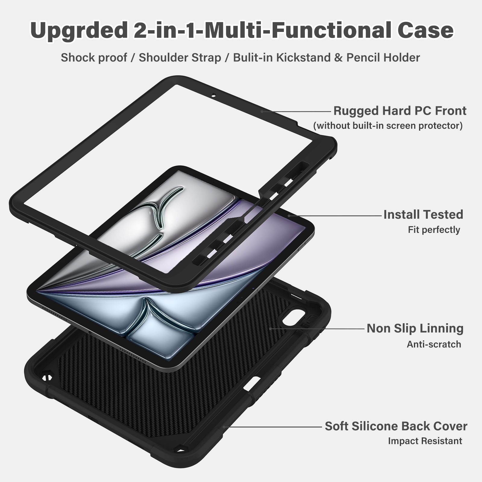 For iPad Air 11 M4 M3 M2 2026 2025 2024 Case, Cute Butterfly Design Heavy Duty Shockproof Shoulder Strap Pencil Holder Kickstand Bumper Kids Friendly Rugged Case for Apple iPad Air 11", Black
