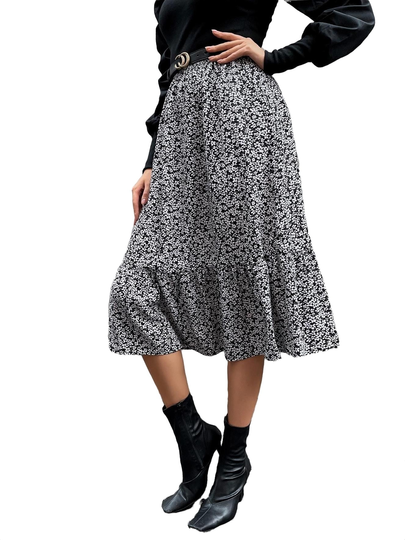 Boho Ditsy Floral A Line Black and White Women Skirts (Women's