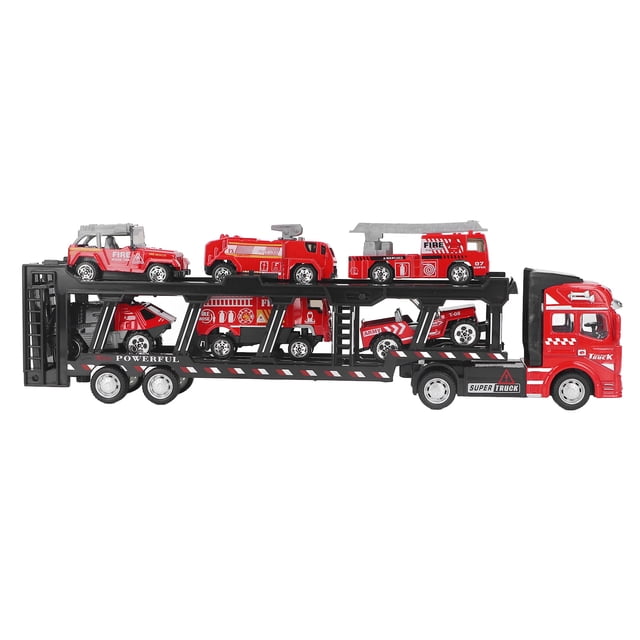 Camión Transportador De Coche De 32cm Para Niños Con 6 Coches Pequeños, Camión De Bomberos Extraíble Vívido, Transportador De Coche Para Coleccionar
