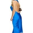 thumbnail image 3 of Women Backless Ruched Maxi Dress Spaghetti Strap Satin Slip Dress Halter Neck Split Long Evening Dresses Green S, 3 of 7