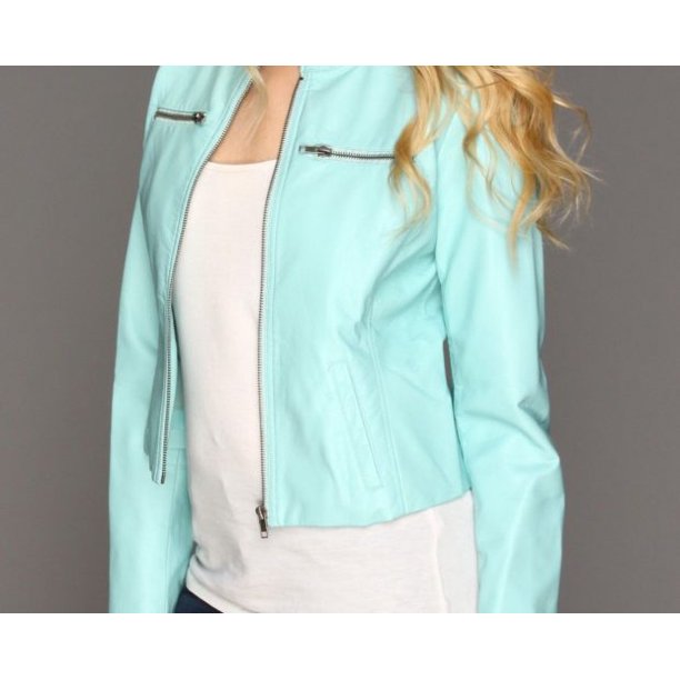 Noora Women's Real Lambskin Turquoise Blue leather jacket Cropped style