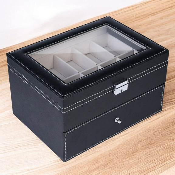Ella & Elly Plus 20 Slot Watch Box Organizer for Men & Women, Large Display Case with Drawer, Black Leather