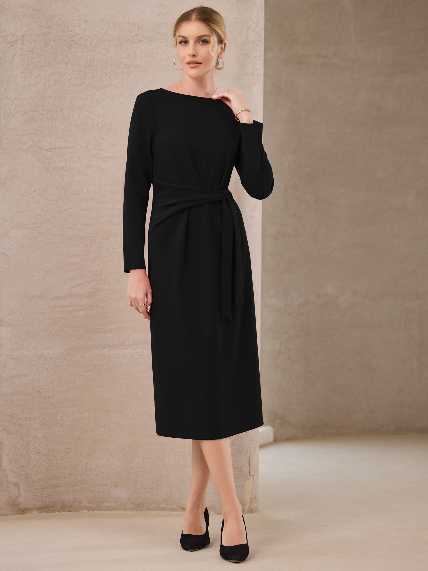 DARING DIVA Women's Knee Length Long Sleeve Tie Waist Work Sheath Dress L Black