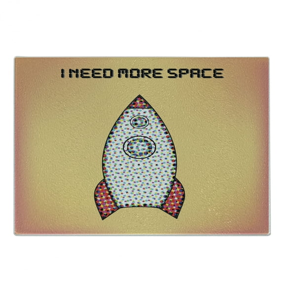 Vintage Cutting Board, Words with Radiant Tone Futuristic Spaceship Rocket Moon Cosmos Universe Humor Art, Decorative Tempered Glass Cutting and Serving Board, Small Size, Multicolor, by Ambesonne