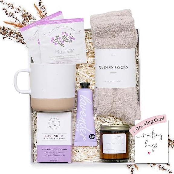 Unboxme Lavender Spa Gift Set - Relaxation Gifts for Women I Get Well Soon Gift Basket with Scented Candle, Bath Bomb, Soap   More, Birthday, Sympathy & Self Care Package, Perfect Mother's Day Gift