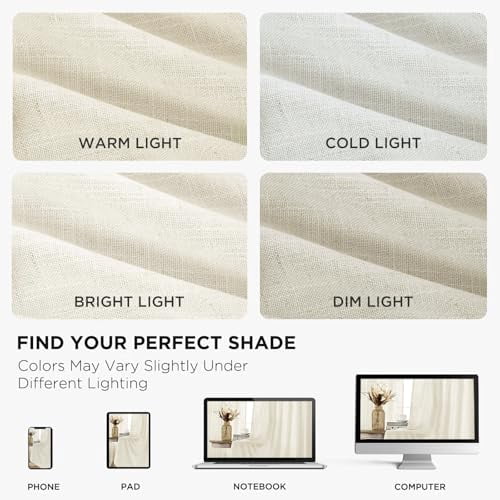 Light Filtering Linen Curtains 96 Inch Length 2 Panel Set for Living Room Bedroom, 52 Inch Wide Drapes with Rod Pocket and Back Tab, Ivory on Linen Fabric (96" L x 52" W)
