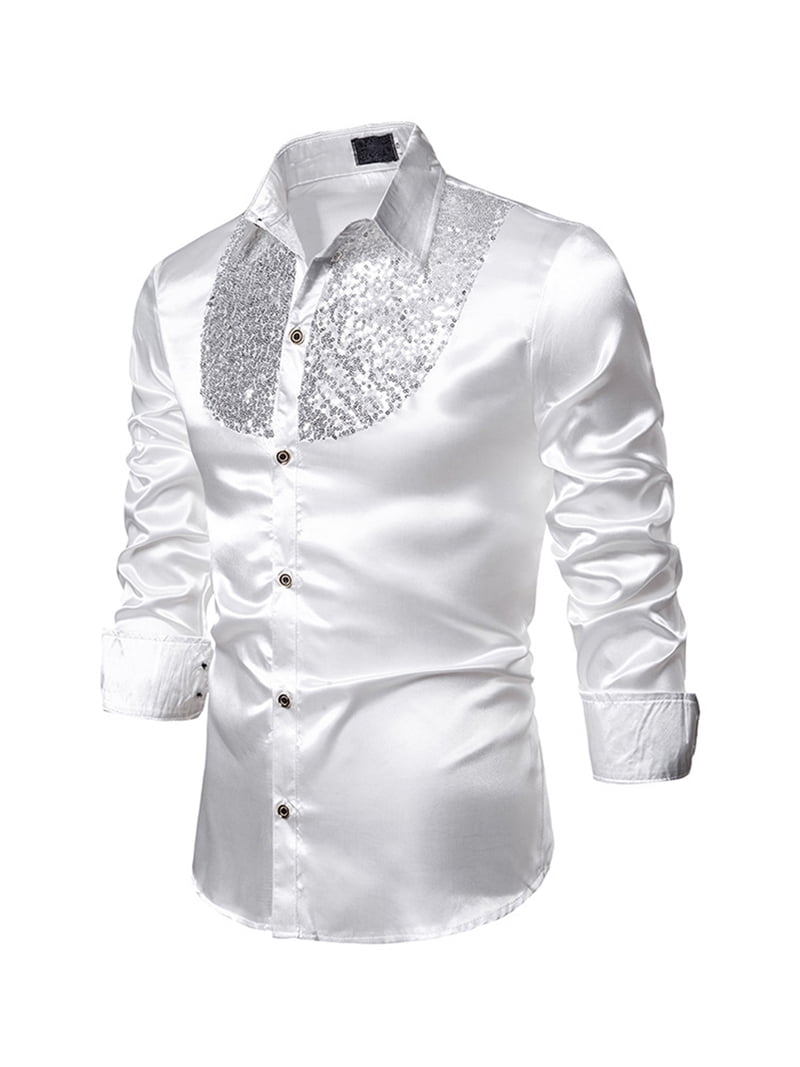 Men\'s Vintage Dress Shirt Solid Long Sleeve Satin Silk Ruffle Chest Stand  Collar Button Down Retro 90S Party Blouse Top (L, Sequined Red) -  Walmart.com