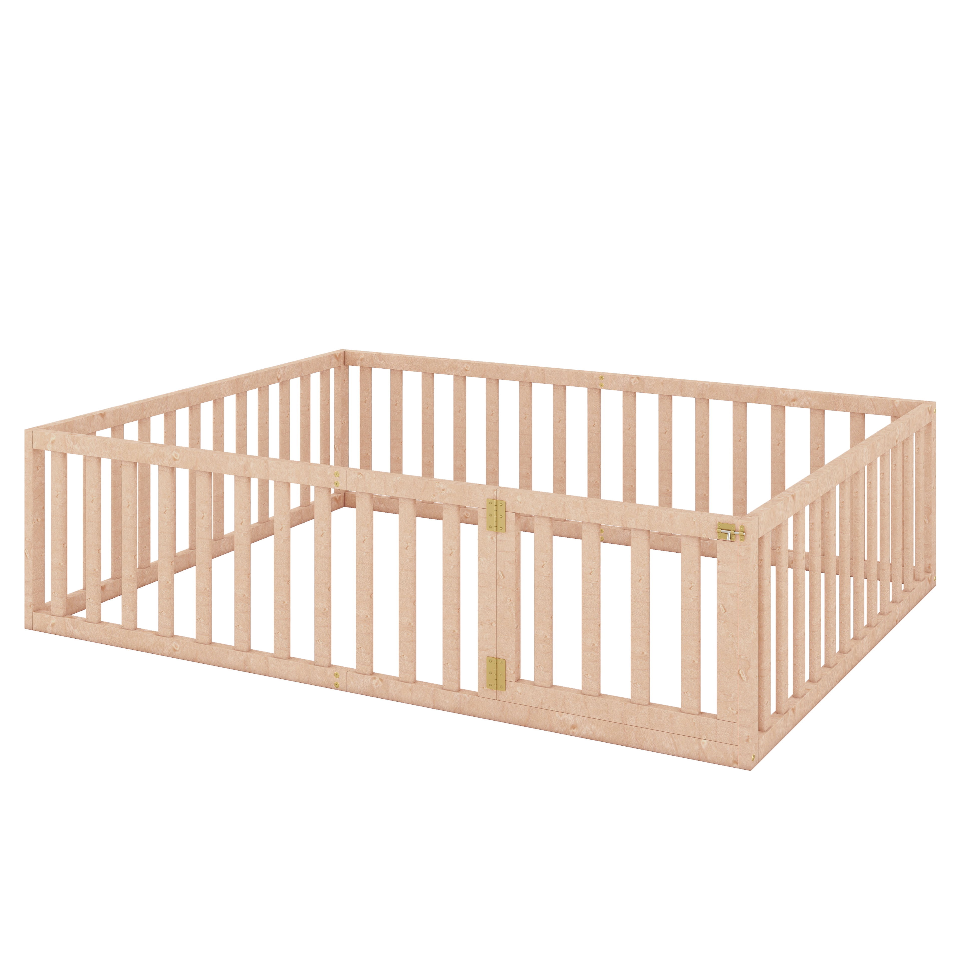 Bellemave Queen Size  Floor Bed with Fence and Door, Wood Montessori Bed Frame, Floor Bed Frame, Slats Not Included (Queen,Natural)
