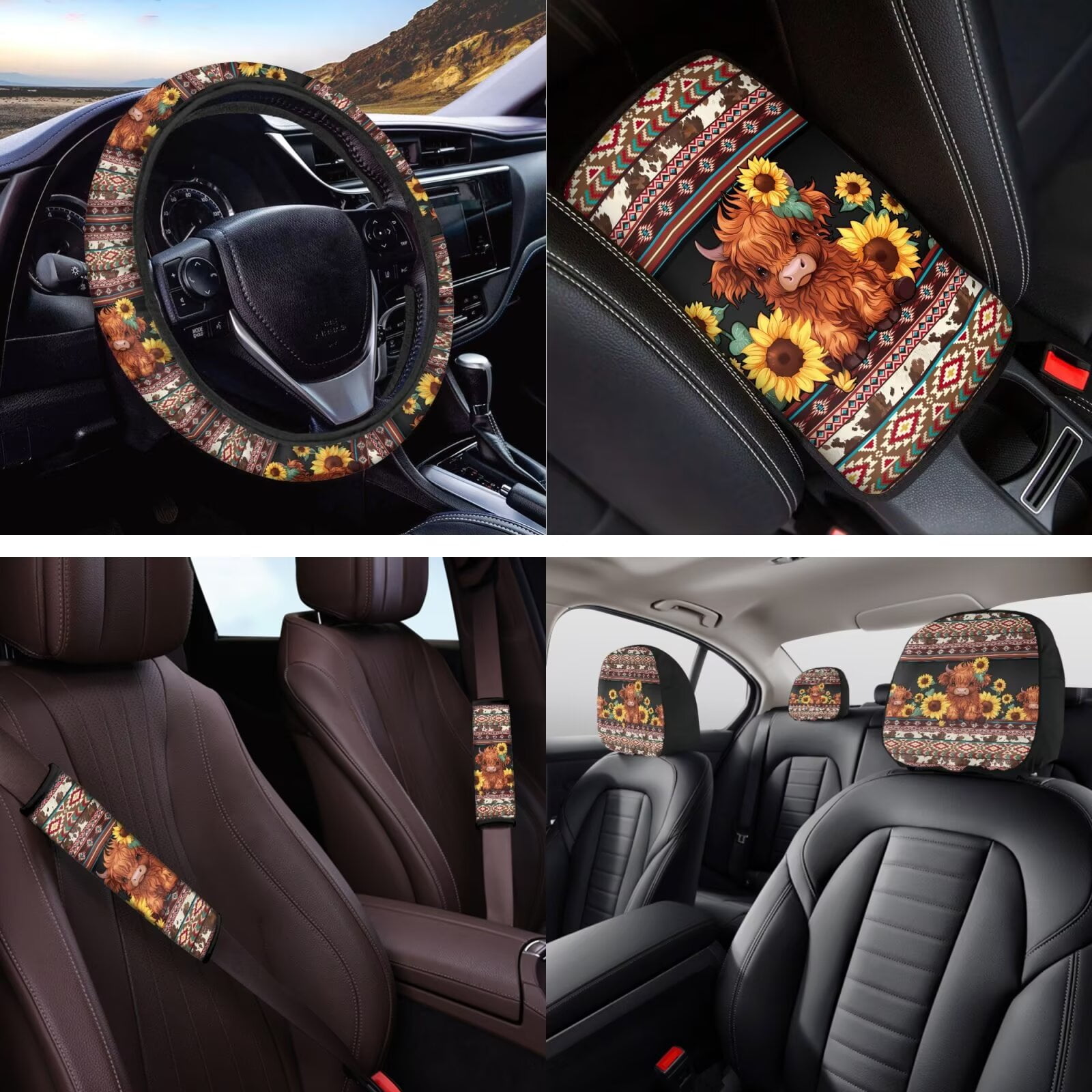 HUIACONG Aztec Highland Cow Sunflower Car Accessories Seat Covers Full Set with Steering Wheel Cover Center Console Cover Seat Belt Pads Coasters Headrest Cover Keychain 14 Pcs Universal Fit