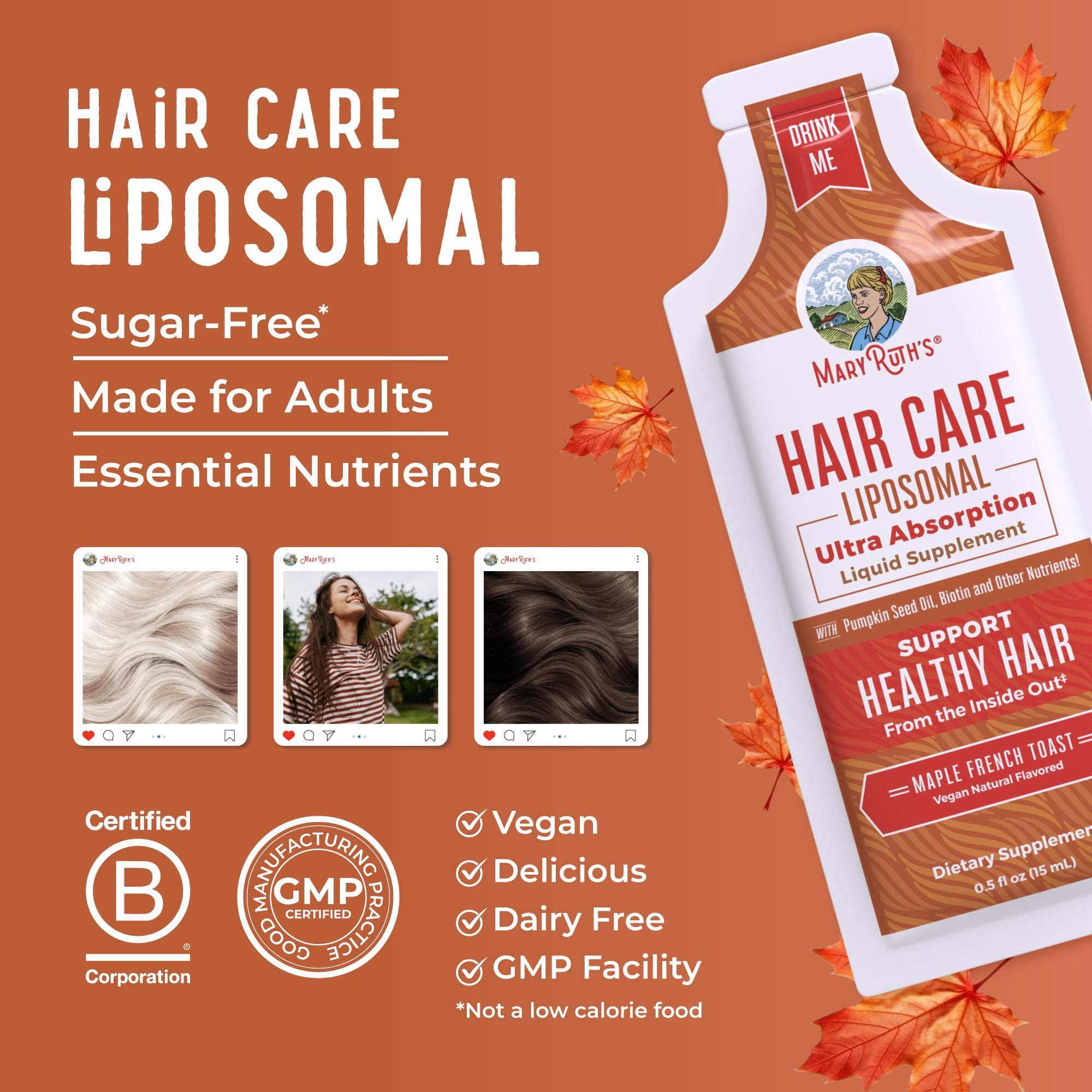 MaryRuth's Hair Care Supplement Liposomal with Vitamin D3, E, Biotin, Hyaluronic Acid, Selenium - 14 Pouches