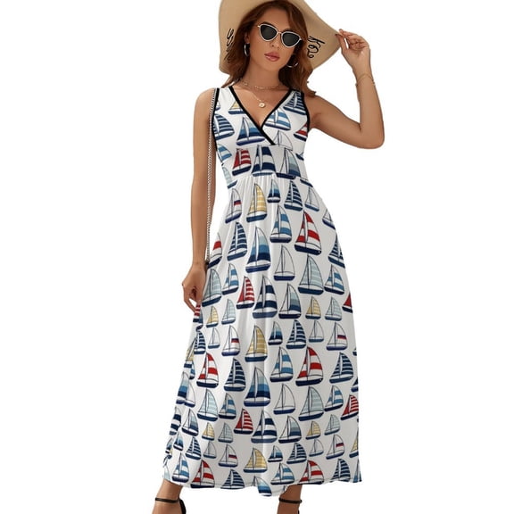 Blue, Red, Yellow Sailboat Pattern Dress Fashion Boho Beach Long Dresses Female Party Printed Maxi Dress
