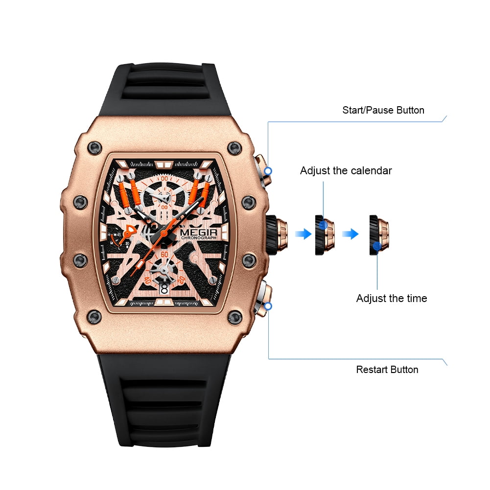 MEGIR Luxury Outdoor Sport Wristwatch for Men Silicone Strap Waterproof Calendar Watch Quartz Clock