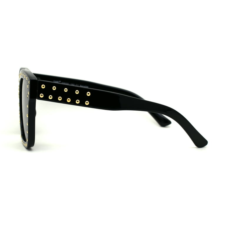 Unique Metal Stud Goth Plastic Horn Rim Sunglasses All Black