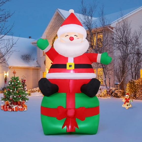 GOOSH 7 FT Christmas Inflatable Santa with Built-in LED Lights, Cute Christmas Inflatable Outdoor Santa Inflatables, Inflatable Christmas Outdoor Decoration Sitting Santa Inflatable for Xmas Holiday