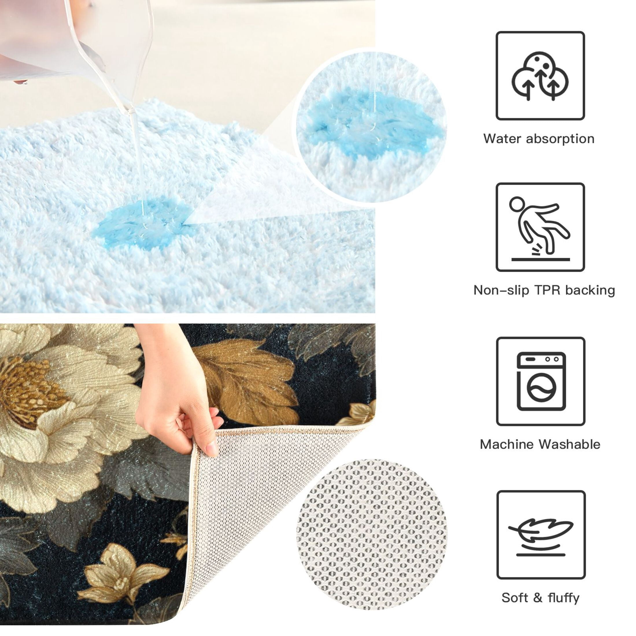 2 Piece Bath Mat Set with U-Shaped Toilet Mat and Rectangle Bath Rugs Non Slip Machine Washable Bathroom Mats Elegant Beige Floral