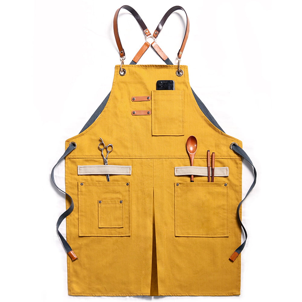 Denim Apron with Pockets - Hair Stylist Apron for Women and Men - Cross  Back Apron with Adjustable Straps for Barista, Chef, Craftsmen, Artist  (Yellow) 