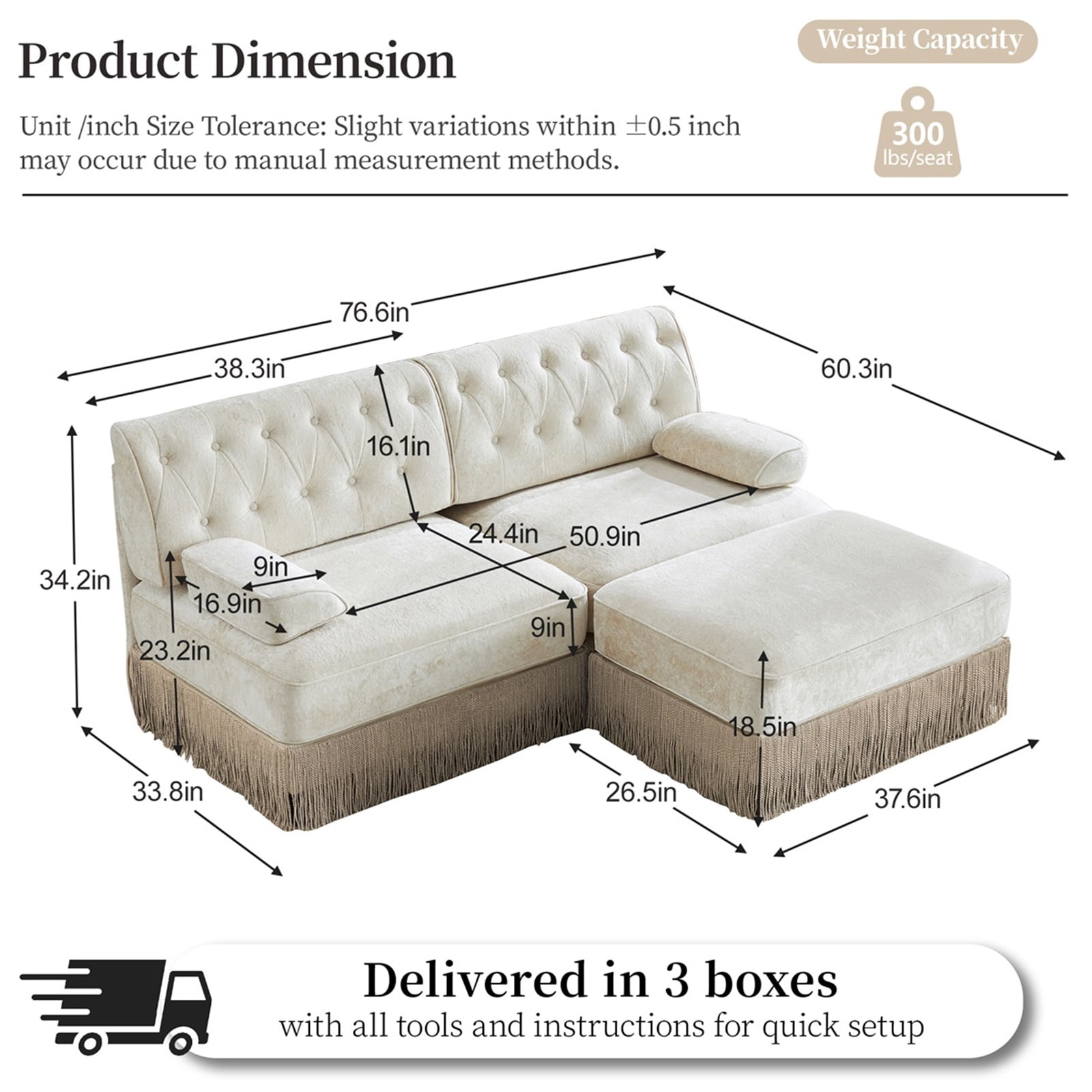 Hommoo 2-Seater Chesterfield Style Velvet Fabric L-Shaped Sectional Sofa, Tufted Button Upholstered Design and Floor-grazing Tassel, Free Combination Sofa Couch Set, for Home, Beige