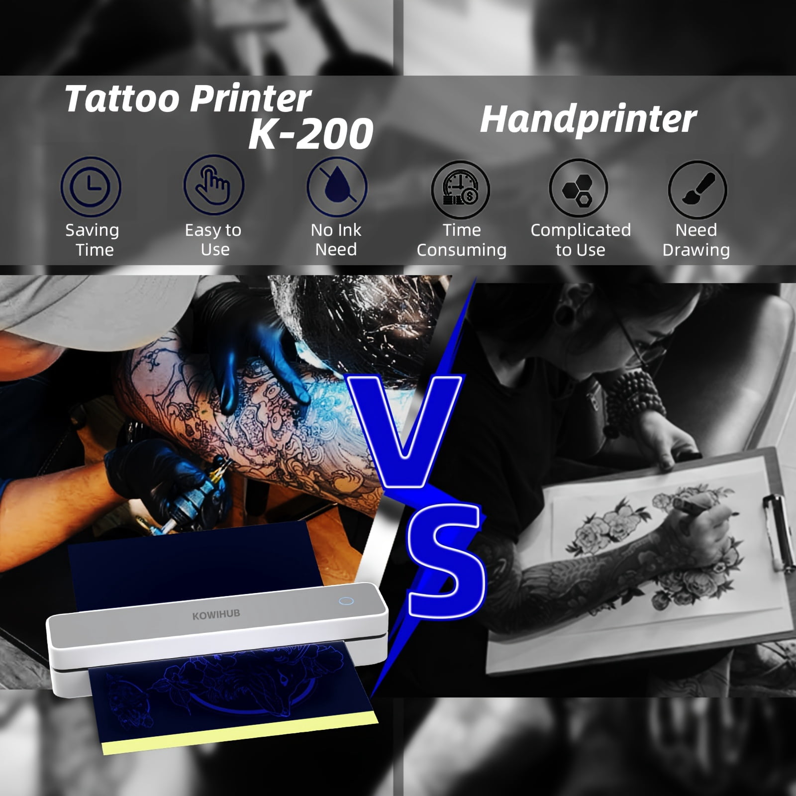 K200 Wireless Thermal Tattoo Printer Tattoo Transfer Printer Mini Portable Thermal Tattoo Stencil Printer with 10pcs Tattoo Transfer Paper 10pcs A4 Paper