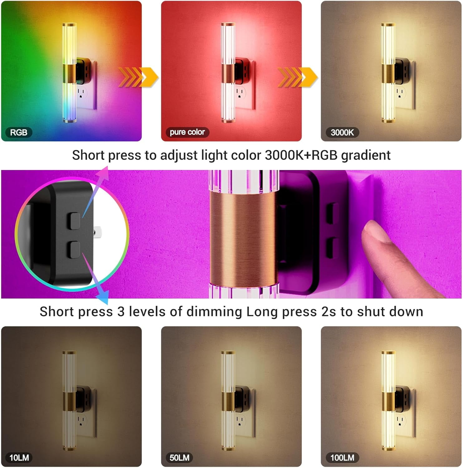 RGHJAR-Night Light, Night Lights Plug into Wall, Color Changing Nightlight RGB with Dusk to Dawn Sensor, Vanity Light Bar for Hallway, Bathroom, Rooms[2 Pack]