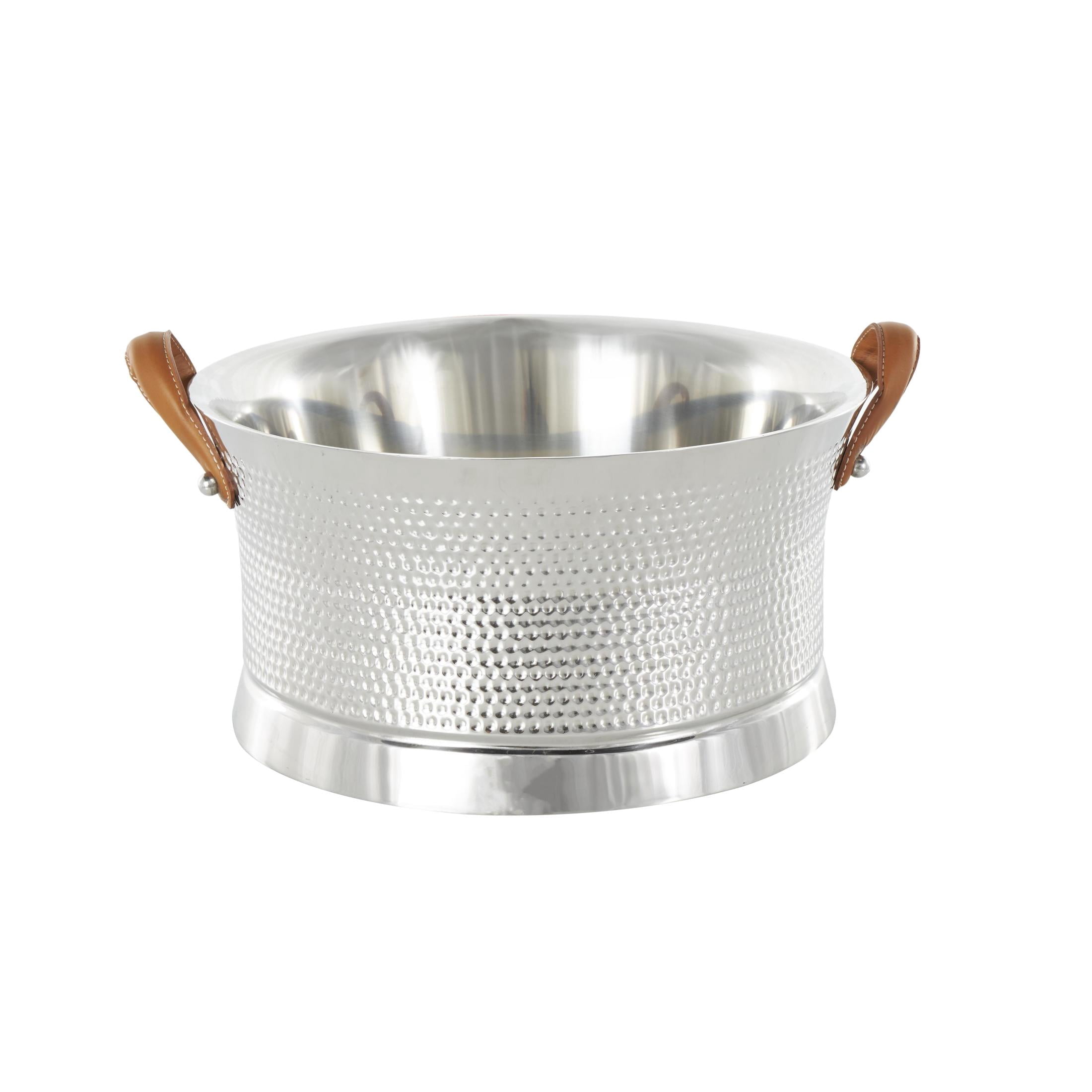 DecMode Round Stainless Steel Metal Hammered Silver Ice Bucket with Brown Leather Handles