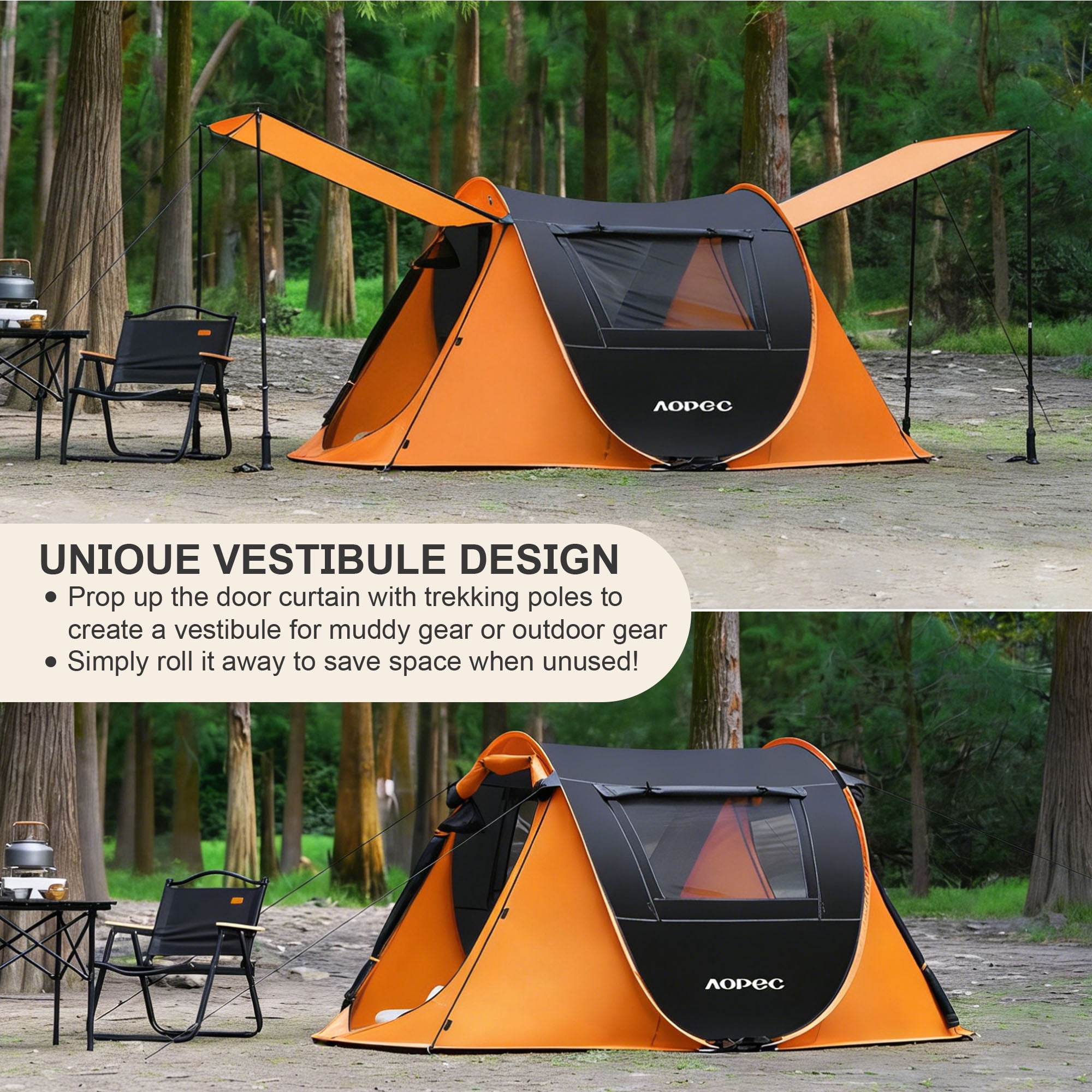 AOPEC Pop Up Camping Tent, 2/4/6 Person Instant Tent Waterproof PU4500mm, Spacious Ventilated Camping Tent with Front Porch, Quick Setup Lightweight Portable for Outdoor Camping Hiking Beach