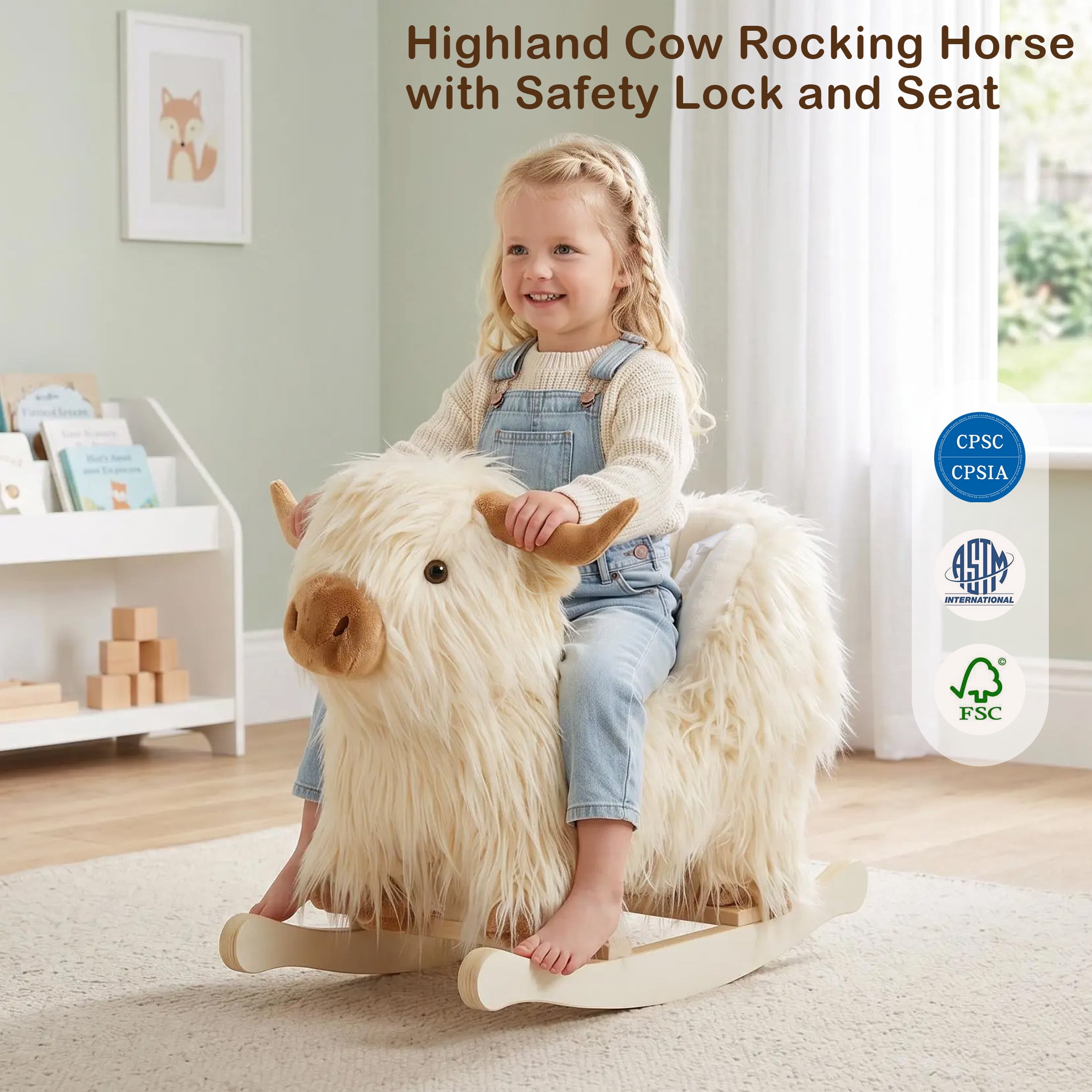 Jolie Vallee Baby Rocking Horse Kids Ride on Horse Highlander Cattle Rocker for Toddlers 1 Year Old Cute Dog Stuffed Plush Ride-on Toy for Child Christmas or Birthday Gift White