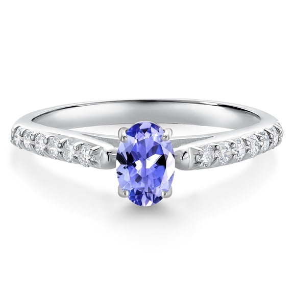 Gem Stone King 10K White Gold Blue Tanzanite and White Lab Grown Diamond Engagement Ring for Women (0.63 Cttw, Oval 6X4MM, Gemstone December Birthstone, Size 6)