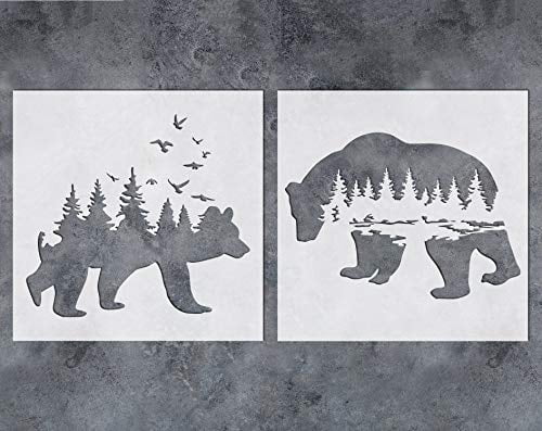 GSS Designs Mountain Forest Bear Stencil 2 Pack Reusable Stencil for Walls ... 