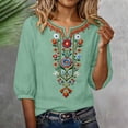 thumbnail image 6 of Qulqfy Embroidered Womens Tops 3/4 Sleeve Fall Casual Floral Mint Green Tunic Henley V-Neck Cute Comfy Shirts L, 6 of 8