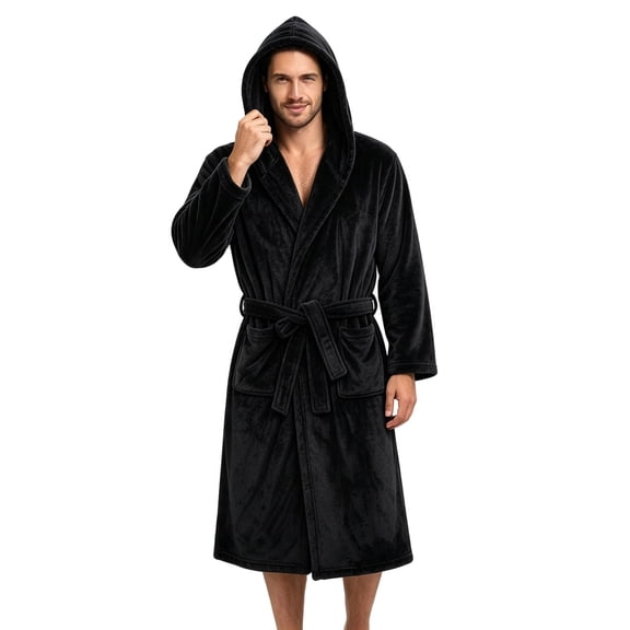 LYEAA Flannel Robe for Men Long Bathrobes Belted Solid Soft Hooded Warm Ladies Sleepwear for Shower Pool Home Spa Use Black Free Size