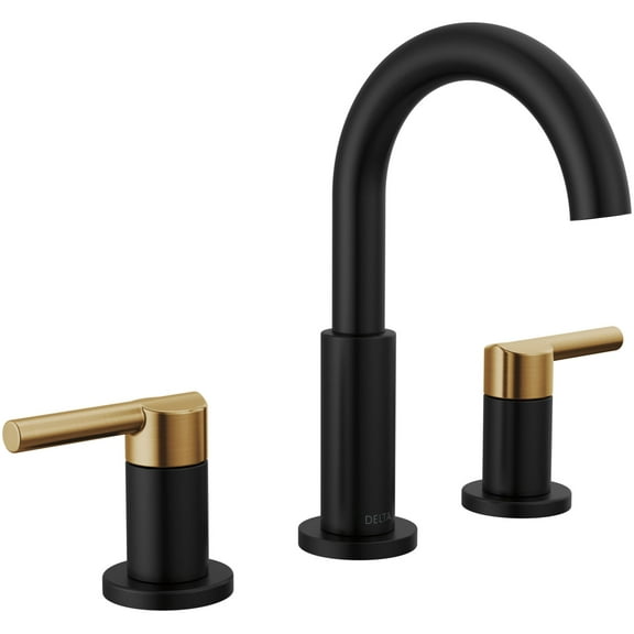 Open Box Nicoli J-Spout 8 in. Widespread Double-Handle Bathroom Faucet in Matte Black/Champagne Bronze