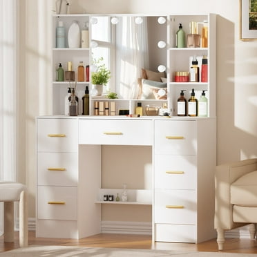 Ciumeeo Modern Makeup Vanity Set with Lights, Dressing Table with Sliding Mirror, 7 Drawers, White
