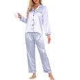 thumbnail image 2 of Pijamas de satén para mujer INSPIRE CHIC, ropa de dormir de manga larga con pantalones, conjuntos de lounge con botones y estampado floral, M a rayas azules, 2 of 5