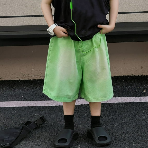 Conairie Jean Shorts for Boys Distressed Baggy Stretchy Mid Waist Denim Shorts Cut Off 2026 Casual Summer Wide Leg Trousers Green 3-4 Y