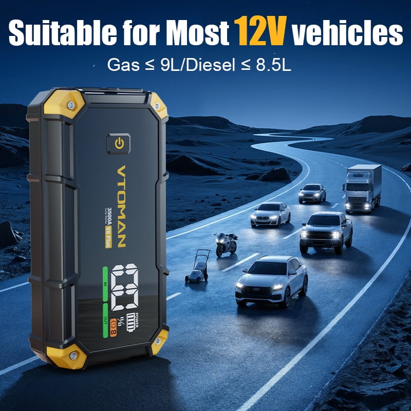 VTOMAN V8 Plus Car Jump Starter, 3500A Peak 12V Lithium Battery Booster Pack (9.0L Gas & 8.5L Diesel), Portable Jump Box (44.4Wh)with Jumper Cables