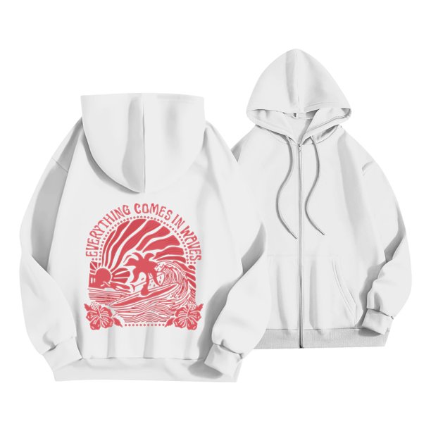 Sudadera con capucha Pink Palm Puff para mujer 2024, Sudadera con capucha de gran tamaño Sudadera casual preppy con cremallera, rosa para niñas adolescentes Tops Blanco XXL